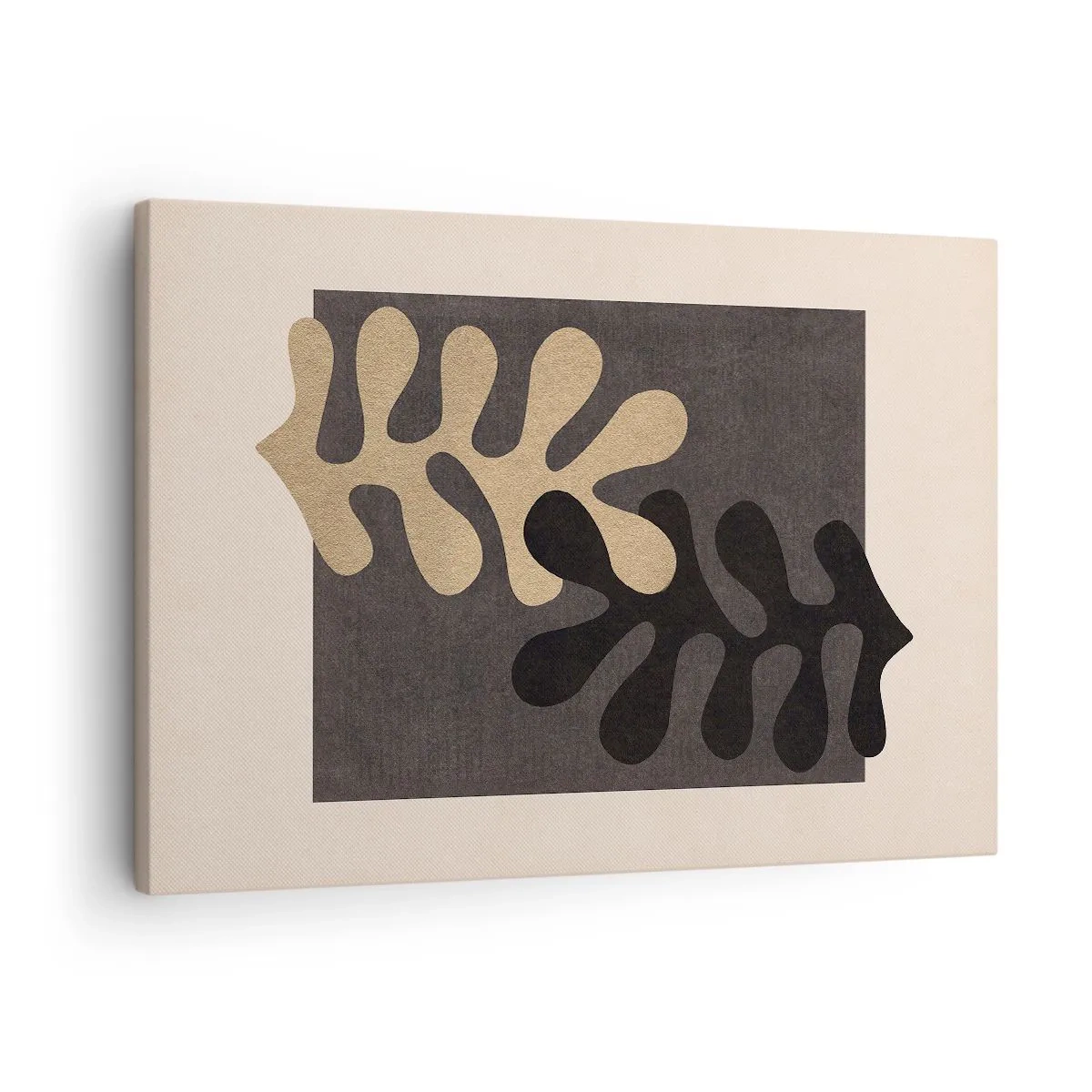 Vászonkép - Absztrakt levelek fekete és bézs színben, téglalap alakú háttéren - 70x50cm - Hiány és kiegészítés - Modern fali dekoráció nappalihoz és hálószobához ARTTOR