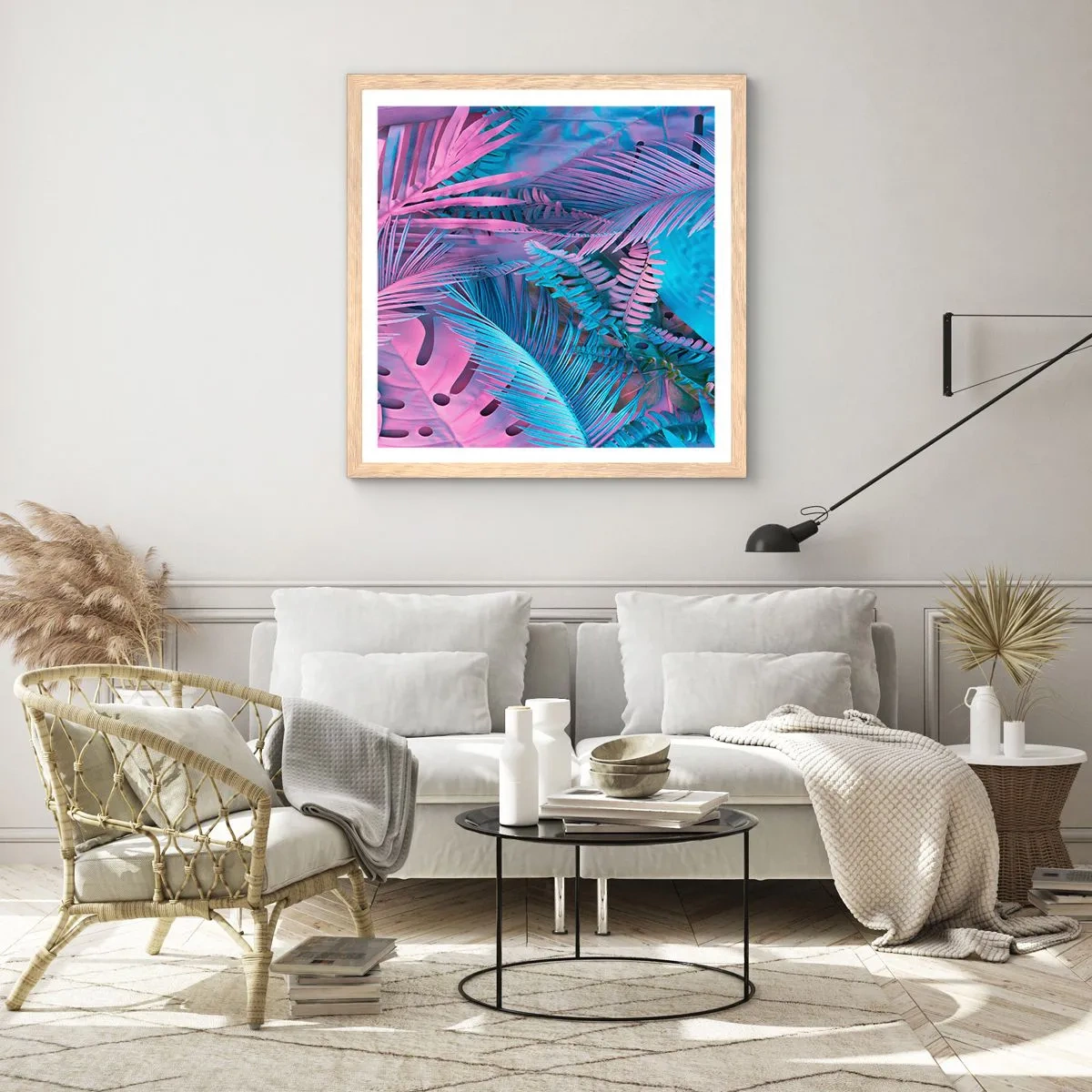 Poszter világos tölgy keretben - Trópusok rózsaszínben és kékben - 50x50 cm