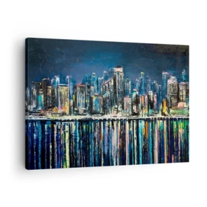 Vászonkép - Az éjszakai város panorámája tükröződik a vízben - 70x50cm - Lámpák kaszkádja - Modern fali dekoráció nappalihoz és hálószobához ARTTOR
