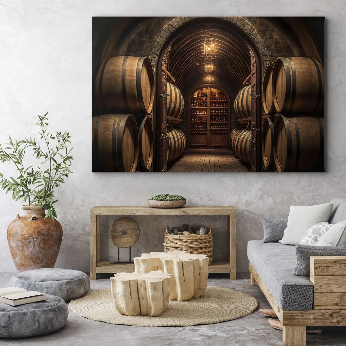 Vászonkép - Borospince fahordókkal és borospolcokkal - 70x50cm - Hangulatos pince - Modern fali dekoráció nappalihoz és hálószobához ARTTOR