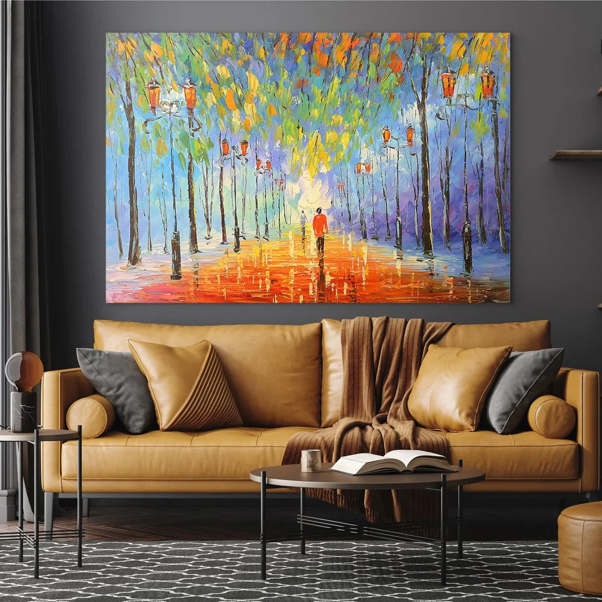 Üveg kép - Egy színes park sikátorral és festői stílusú lámpásokkal - 70x50cm - Eső éjszakai dala - Modern fali dekoráció nappalihoz és hálószobához ARTTOR