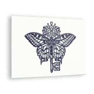 Üveg kép - Pillangó illusztrációja középen kulccsal - 70x50cm - A szív minden titka - Modern fali dekoráció nappalihoz és hálószobához ARTTOR