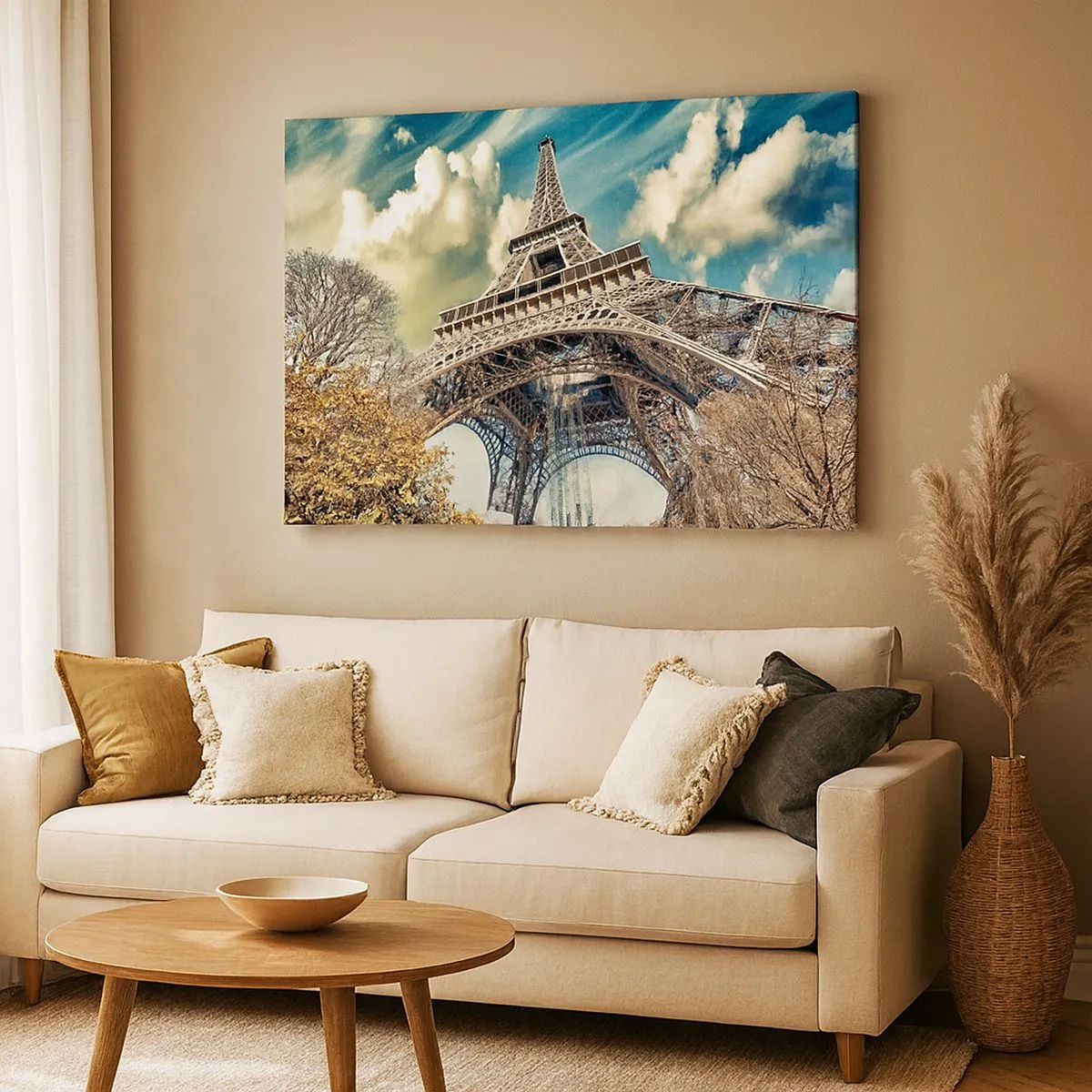 Vászonkép - Az Eiffel-torony alulról, őszi környezetben - 70x50cm - Ősszel pedig Párizsban... - Modern fali dekoráció nappalihoz és hálószobához ARTTOR