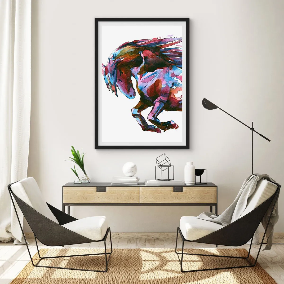Poszter fehér keretben - Színes absztrakt ló dinamikus pózban - 50x70cm - Az elragadtatásban - Modern fali dekoráció nappalihoz és hálószobához ARTTOR