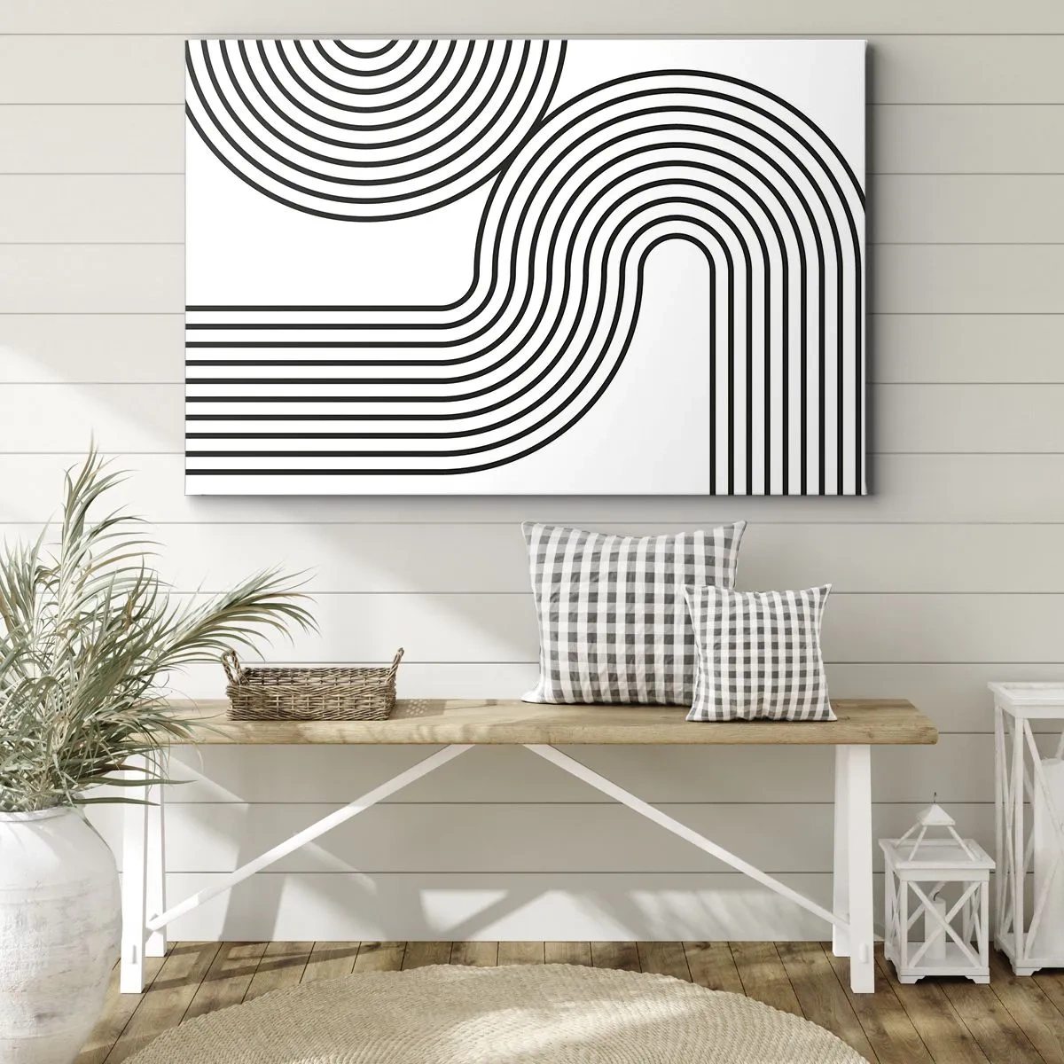 Vászonkép - Egy absztrakt festmény, melyben fekete vonalak geometrikus mintákat hoznak létre fehér alapon. - 70x50cm - Egy ívben - Modern fali dekoráció nappalihoz és hálószobához ARTTOR
