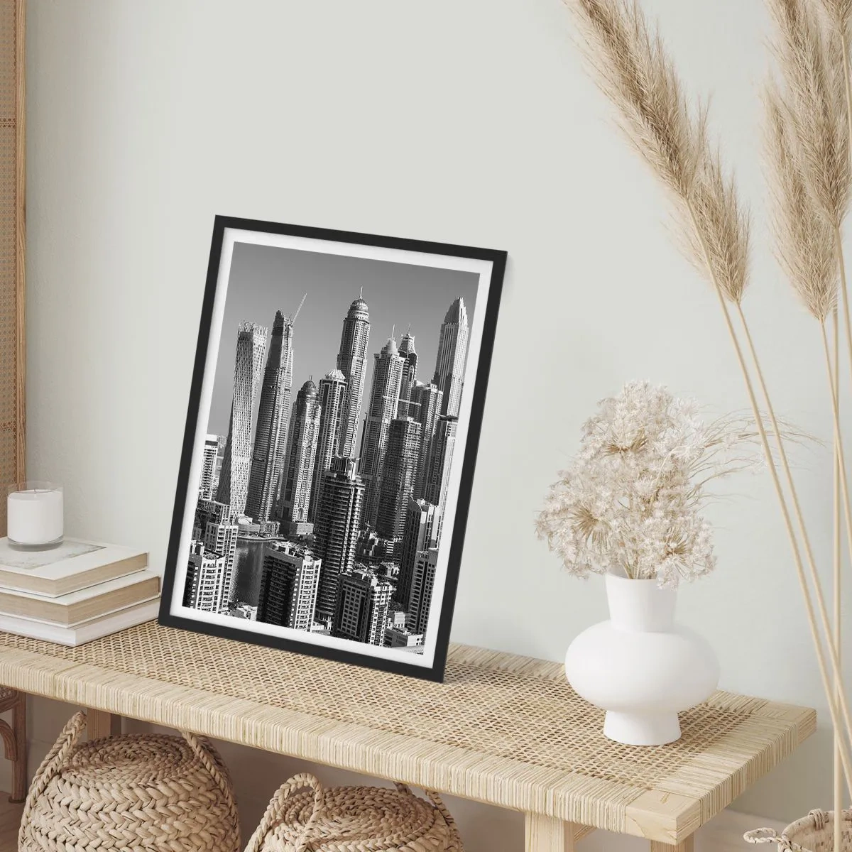 Poszter fehér keretben - A város panorámája modern felhőkarcolókkal - 50x70cm - Város a sivatagban - Modern fali dekoráció nappalihoz és hálószobához ARTTOR