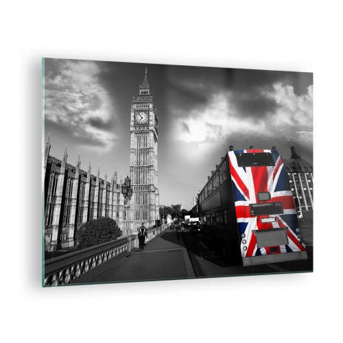 Üveg kép - Big Ben és egy busz brit zászlóval - 70x50cm - Büszke és nagy - Modern fali dekoráció nappalihoz és hálószobához ARTTOR