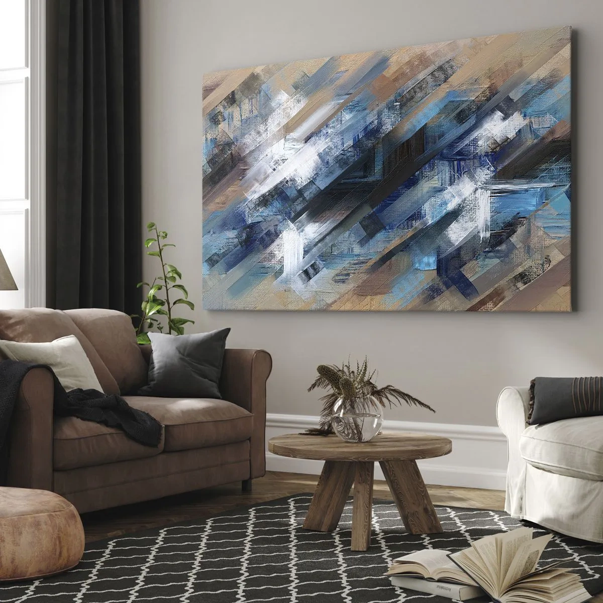 Vászonkép - Absztrakt kompozíció kék átlós vonalakkal - 70x50cm - Kék ferdén - Modern fali dekoráció nappalihoz és hálószobához ARTTOR