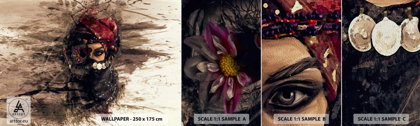 Fotótapéta Minta Premium Sand - Legalább riasztó - Absztrakció, Női Arc, Keleti szimbólumok - 100x30 cm