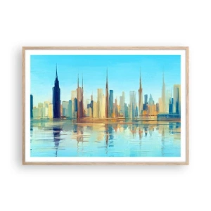 Poszter világos tölgy keretben - Napfényes metropolisz - 100x70 cm