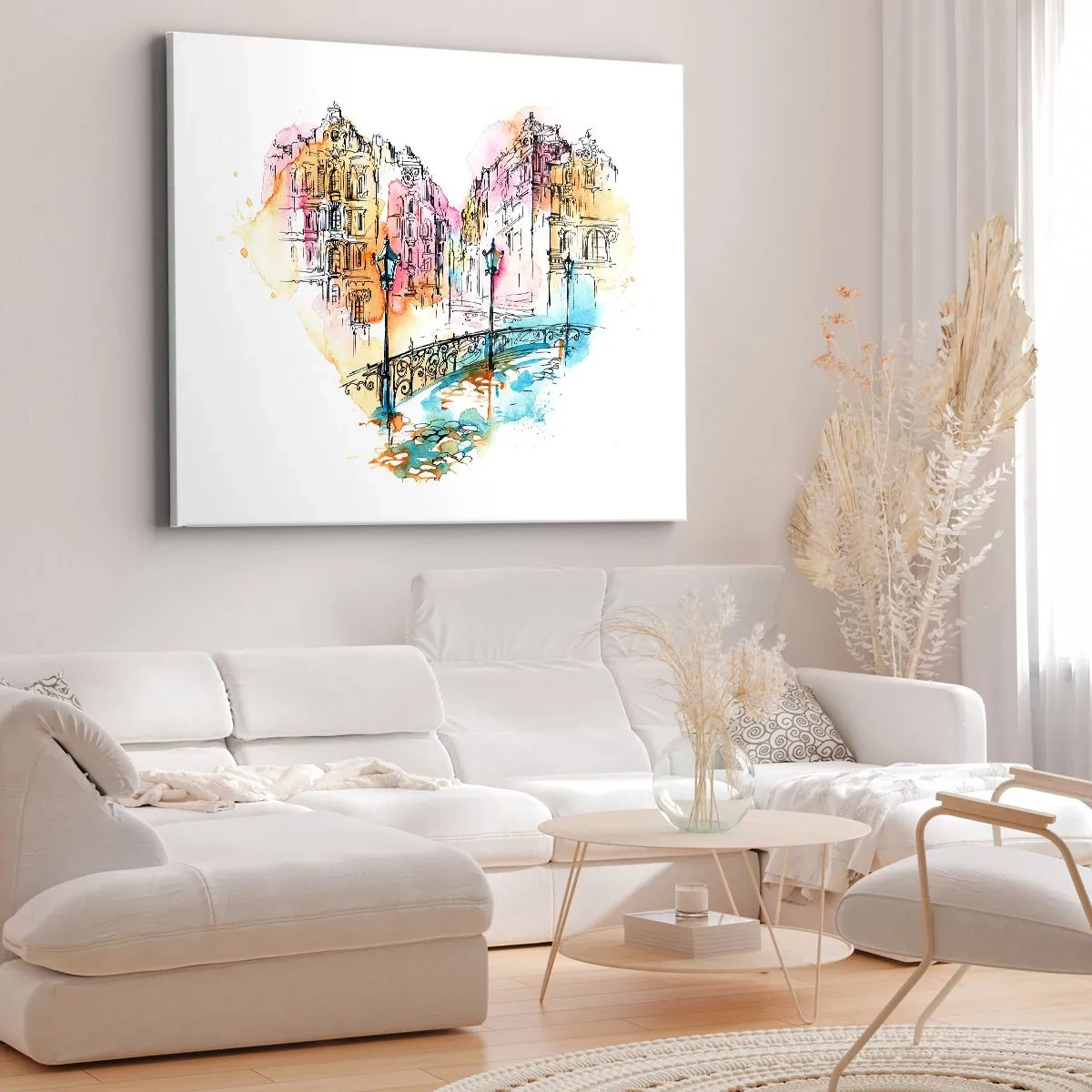 Vászonkép - Akvarell egy hídról és szív alakú bérházakról - 70x50cm - A város szíve - Modern fali dekoráció nappalihoz és hálószobához ARTTOR