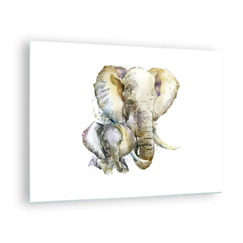 Üveg kép - Művészi elefántok akvarell stílusban, fehér alapon - 70x50cm - Sehol se jobb mint anyánál - Modern fali dekoráció nappalihoz és hálószobához ARTTOR