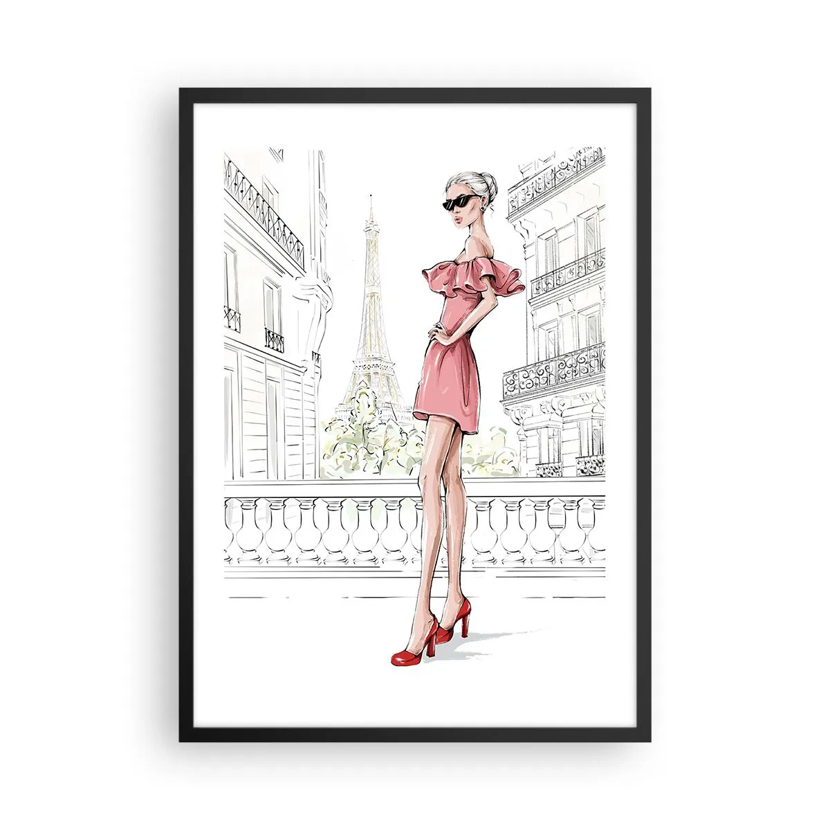 Poszter fehér keretben - Egy elegáns nő rózsaszín ruhában, a háttérben az Eiffel-toronyval - 50x70cm - Divatművészet - Modern fali dekoráció nappalihoz és hálószobához ARTTOR