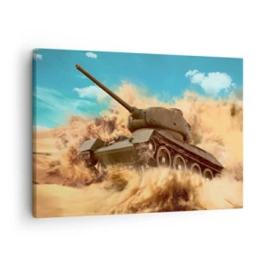 Vászonkép - Egy tank harcban a sivatagban, homokporral körülvéve. - 70x50cm - Legyőzhetetlen - Modern fali dekoráció nappalihoz és hálószobához ARTTOR