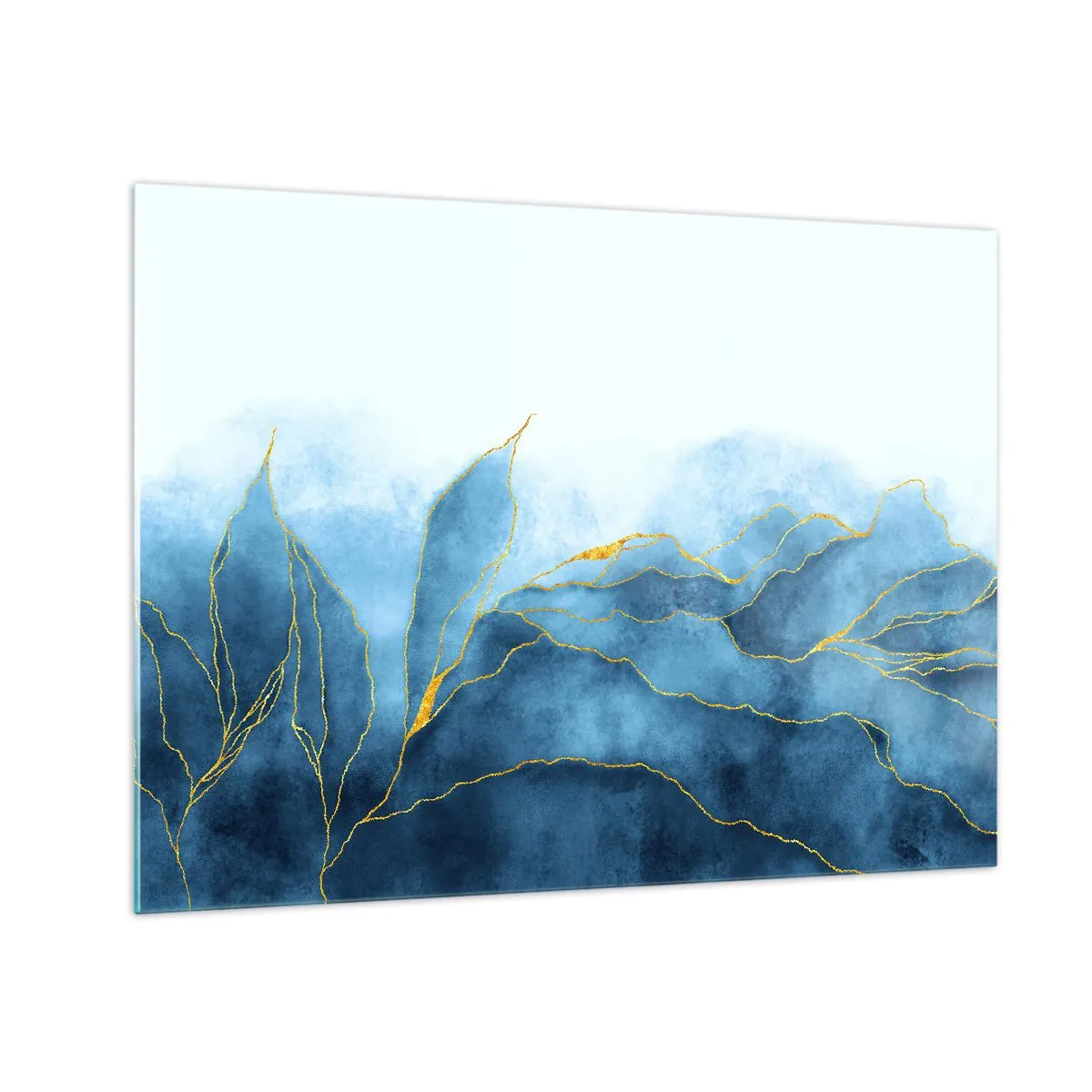 Üveg kép - Absztrakt kék formák finom arany vonalakkal. - 70x50cm - Kék aranyban - Modern fali dekoráció nappalihoz és hálószobához ARTTOR