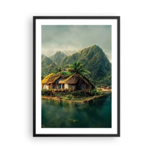 Poszter fehér keretben - Trópusi házikó hegyekkel és egy tóval a háttérben - 50x70cm - Trópusi paradicsom - Modern fali dekoráció nappalihoz és hálószobához ARTTOR