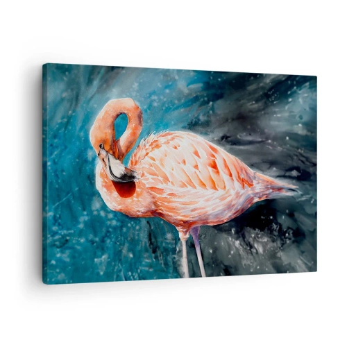 Vászonkép - Rózsaszín flamingó akvarell kék alapon - 70x50cm - Természetesen dekoratív - Modern fali dekoráció nappalihoz és hálószobához ARTTOR