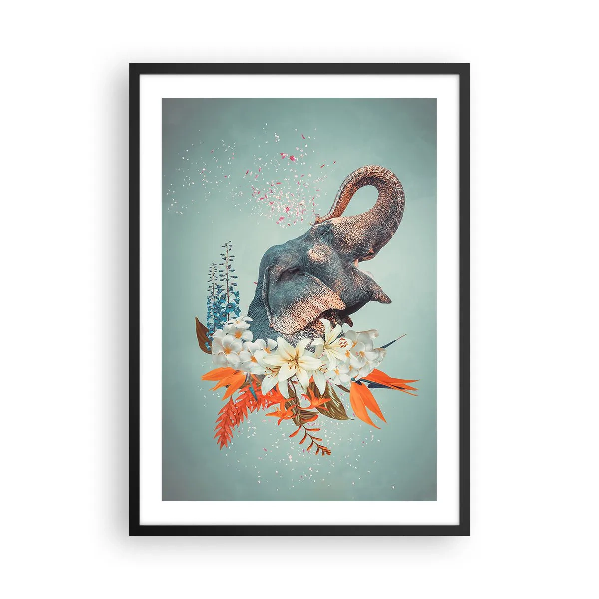 Poszter fehér keretben - Egy elefánt virágok között egy szürreális kompozícióban - 50x70cm - Az öröm üvöltése - Modern fali dekoráció nappalihoz és hálószobához ARTTOR