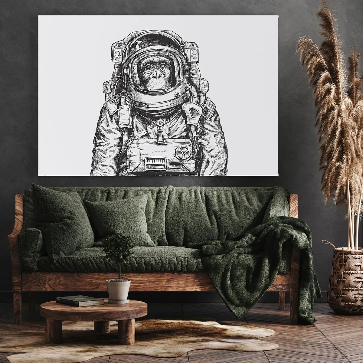 Vászonkép - Egy űrhajós grafikája űrruhában, majomfejjel - 70x50cm - Alternatív evolúció - Modern fali dekoráció nappalihoz és hálószobához ARTTOR