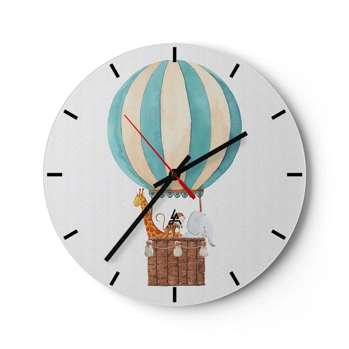 Falióra, Óra - Egy léggömb zsiráffal és elefánttal lebeg a felhőkben - 30x30cm - Fantasztikus utazás - Modern fali dekoráció nappalihoz, konyhához és hálószobához ARTTOR
