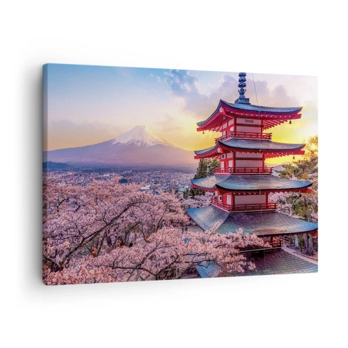 Vászonkép - Egy pagoda Japánban cseresznyevirágzással és a Fuji-heggyel - 70x50cm - A japán lélek lényege - Modern fali dekoráció nappalihoz és hálószobához ARTTOR