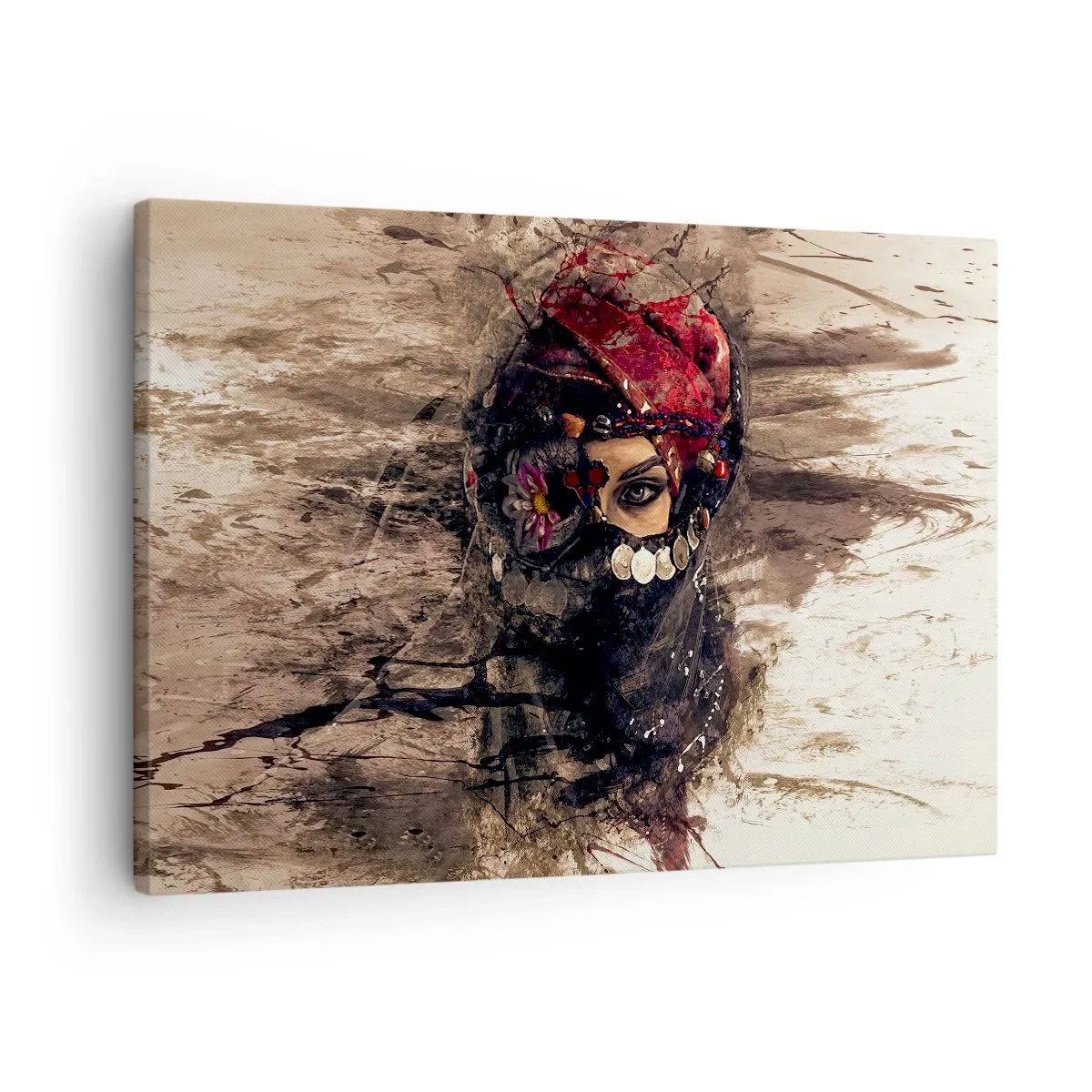Vászonkép - Egy nő művészi portréja keleti öltözékben, absztrakt háttér előtt. - 70x50cm - Legalább riasztó - Modern fali dekoráció nappalihoz és hálószobához ARTTOR