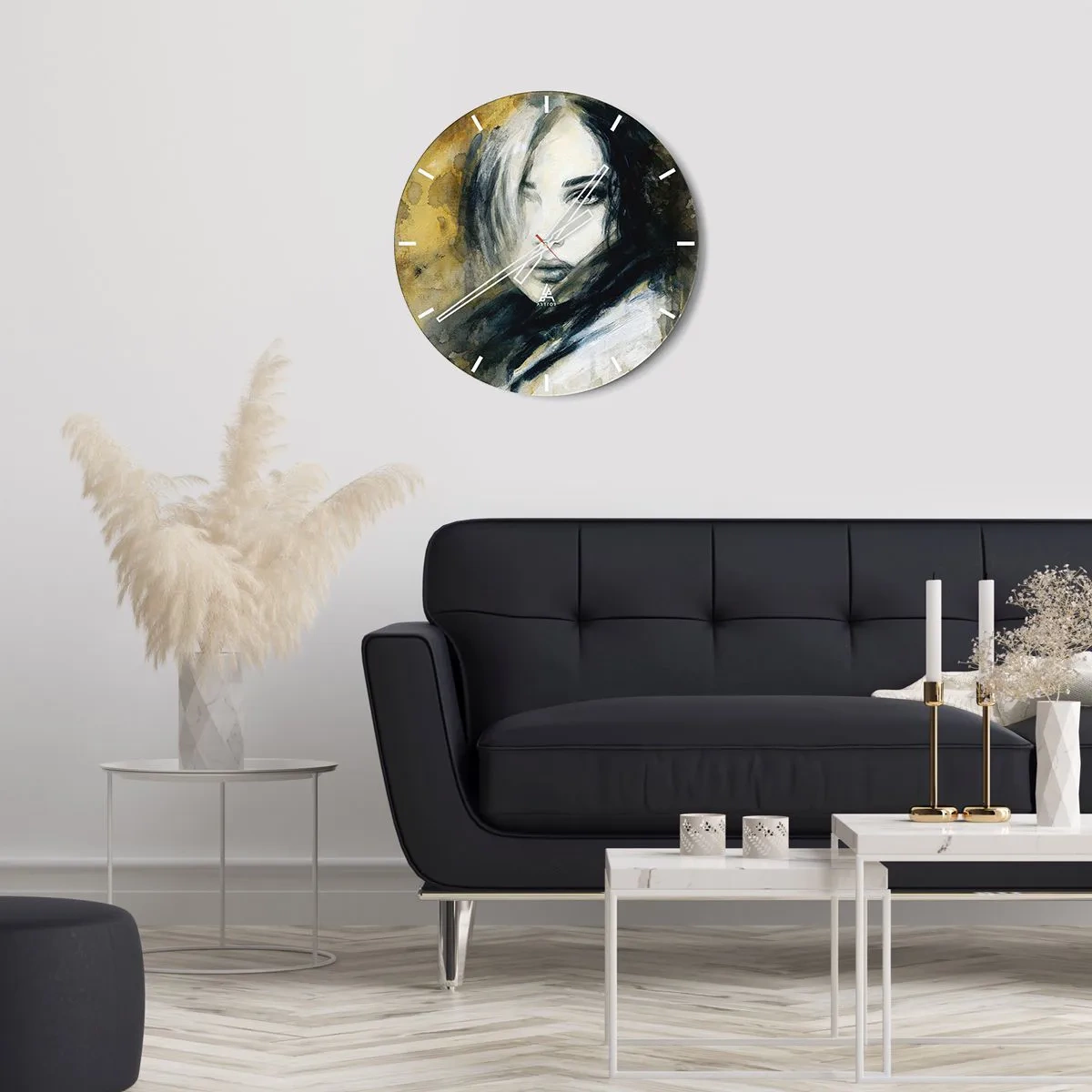 Falióra, Óra - Nő portréja művészi stílusban, arany és fekete árnyalatokban - 30x30cm - ártatlanabb vagy érzékibb? - Modern fali dekoráció nappalihoz, konyhához és hálószobához ARTTOR