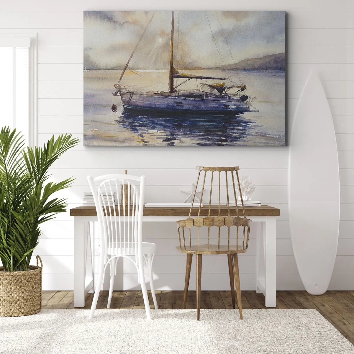 Vászonkép - Egy jacht a nyugodt tengeren naplementekor - 70x50cm - Este az öbölben - Modern fali dekoráció nappalihoz és hálószobához ARTTOR