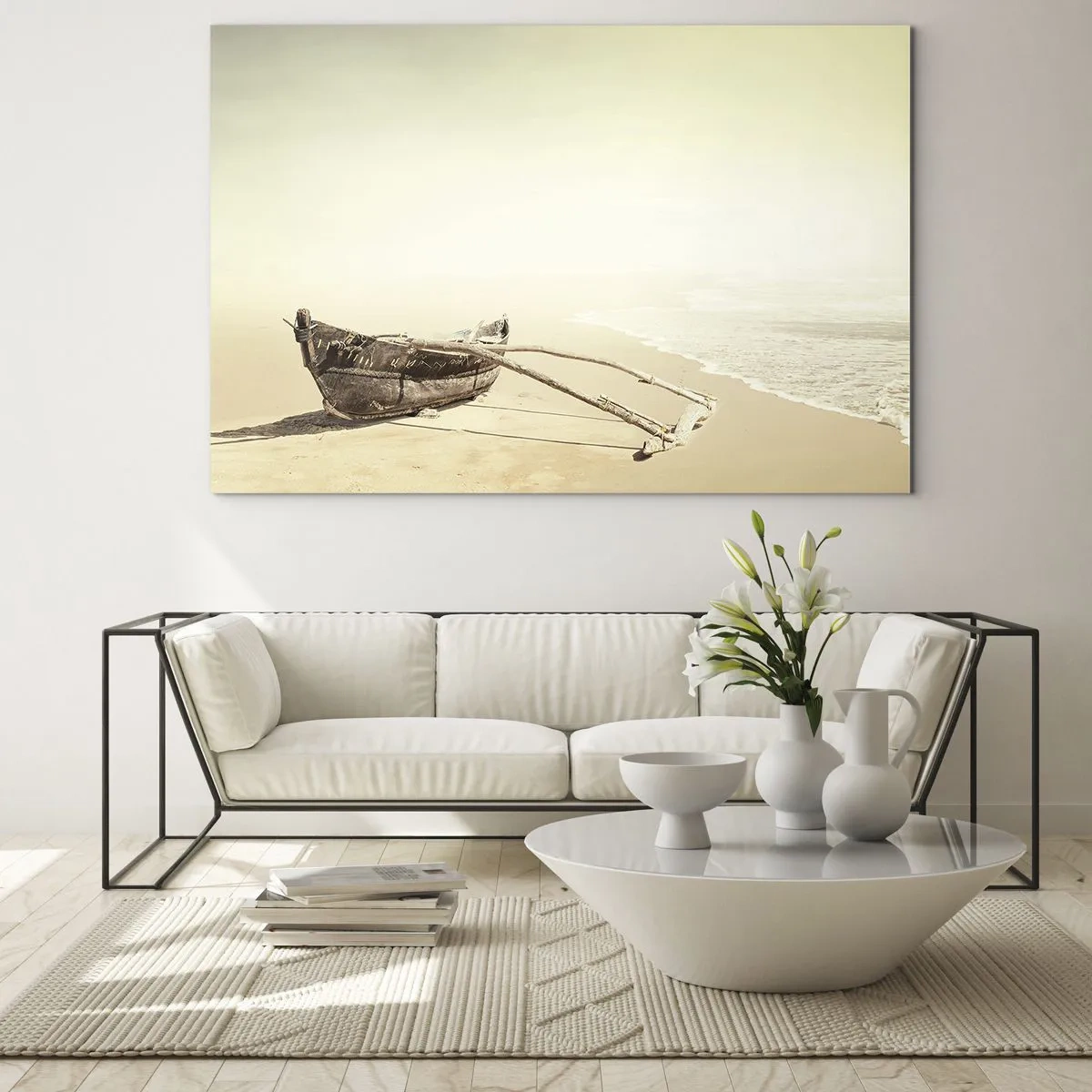 Üveg kép - Egy régi halászhajó a tengerpart homokján - 70x50cm - A déli tengerek megemlékezése - Modern fali dekoráció nappalihoz és hálószobához ARTTOR