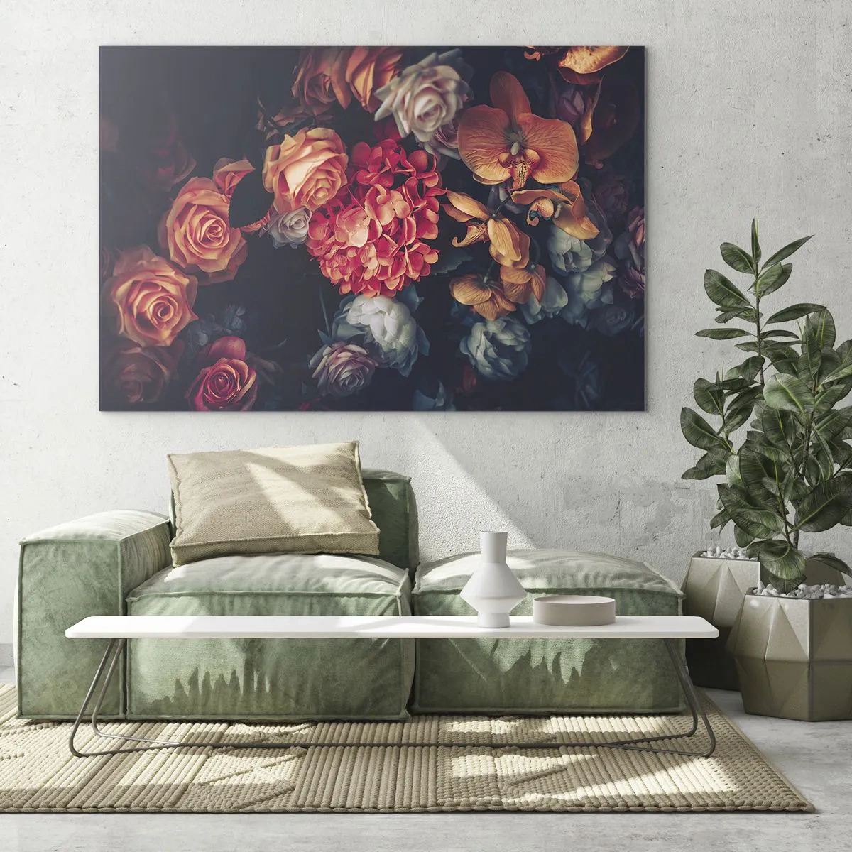 Üveg kép - Sötét virágkompozíció rózsákkal és orchideákkal - 70x50cm - Mint a holland mestereknél - Modern fali dekoráció nappalihoz és hálószobához ARTTOR