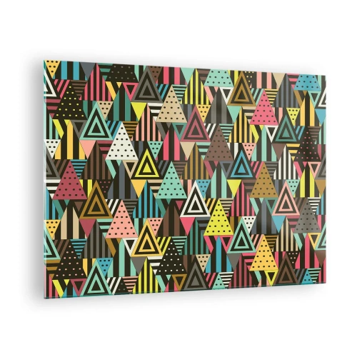 Üveg kép - Absztrakt kompozíció intenzív színű háromszögekkel. - 70x50cm - Hármas ritmusban - Modern fali dekoráció nappalihoz és hálószobához ARTTOR