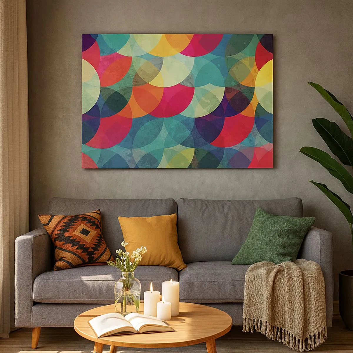 Vászonkép - Színes geometriai minták, körökből és félkörökből állva - 70x50cm - Felszívárványság - Modern fali dekoráció nappalihoz és hálószobához ARTTOR