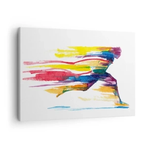 Vászonkép - Egy futó absztrakt színekben, amely a dinamizmust és az energiát szimbolizálja - 70x50cm - Futás a szivárványon - Modern fali dekoráció nappalihoz és hálószobához ARTTOR