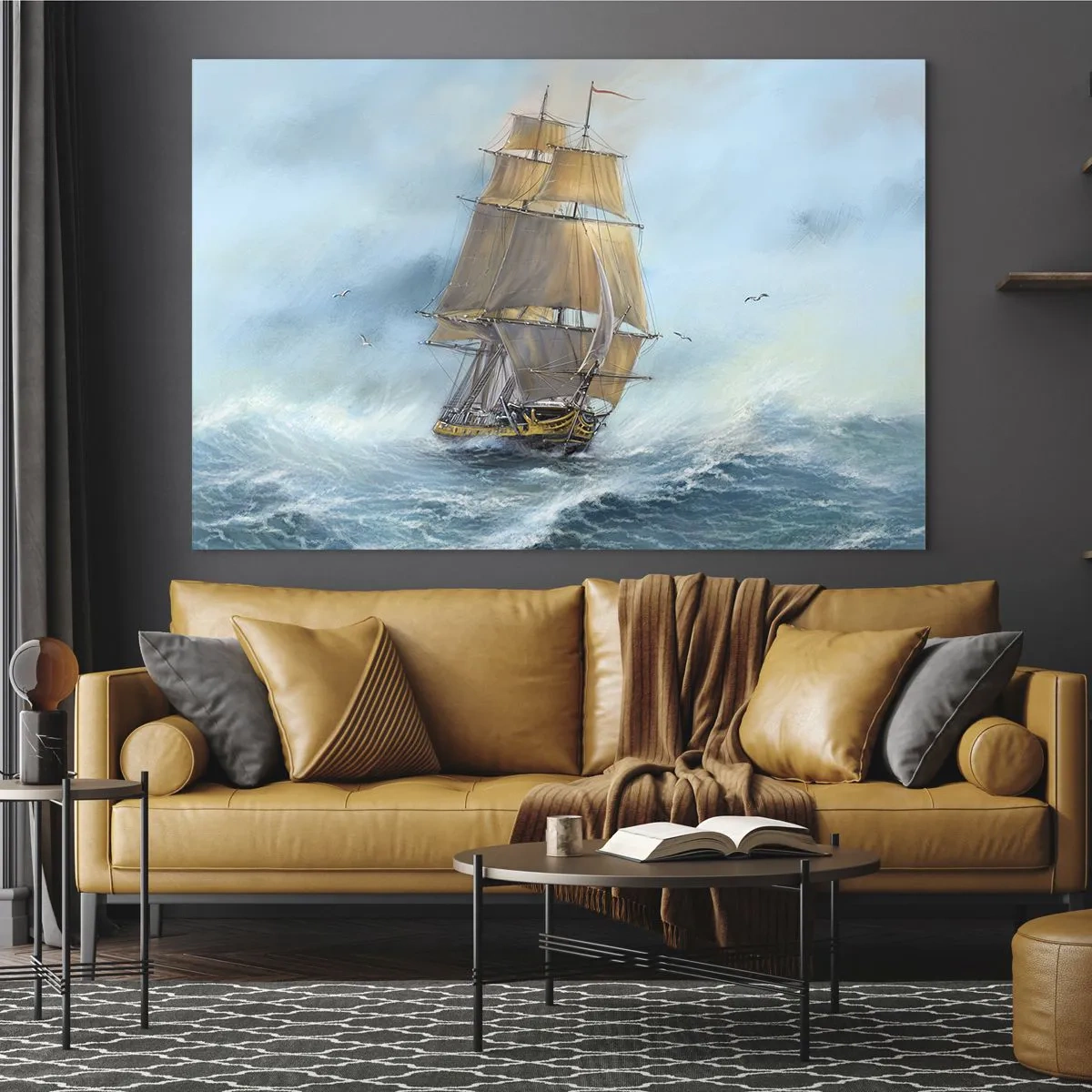 Üveg kép - Vitorlás hajó viharos tengeren festői stílusban - 70x50cm - A hullámok hullámzása - Modern fali dekoráció nappalihoz és hálószobához ARTTOR