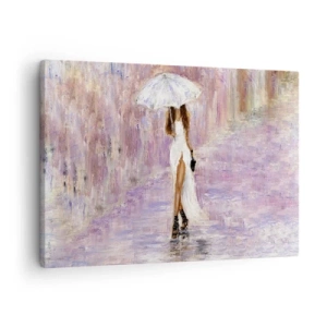 Vászonkép - Egy nő esernyővel sétál az esőben, lila árnyalatokban. - 70x50cm - A liliomos esőben - Modern fali dekoráció nappalihoz és hálószobához ARTTOR