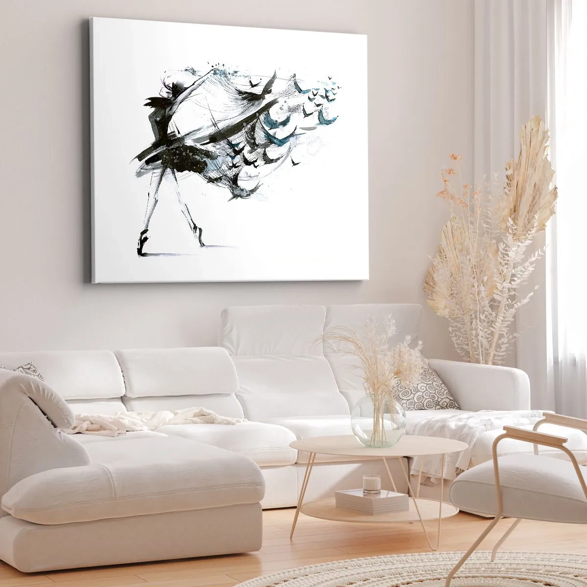 Vászonkép - Egy táncosnő, dinamikus, madarakra emlékeztető ruhában - 70x50cm - A zene varázsa megszabadít a varázslattól - Modern fali dekoráció nappalihoz és hálószobához ARTTOR