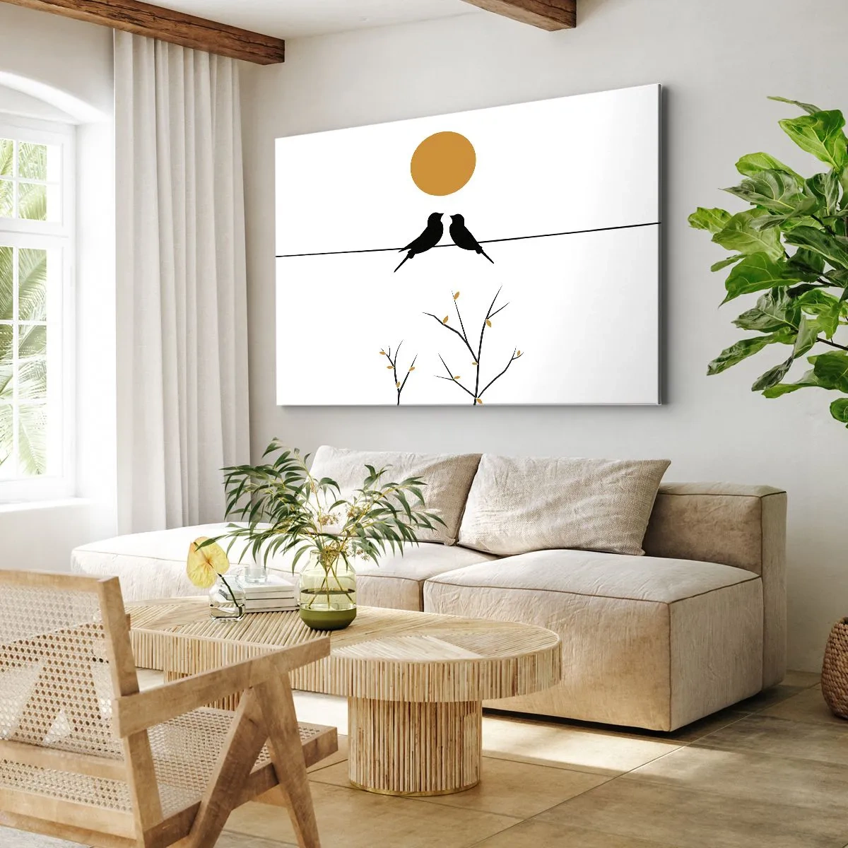 Vászonkép - Madarak egy vonalban egy sárga nappal - 70x50cm - Fülemüle este - Modern fali dekoráció nappalihoz és hálószobához ARTTOR