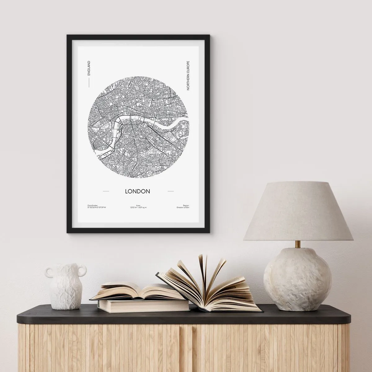 Poszter fehér keretben - London minimalista fekete-fehér térképe - 50x70cm - London anatómiája - Modern fali dekoráció nappalihoz és hálószobához ARTTOR