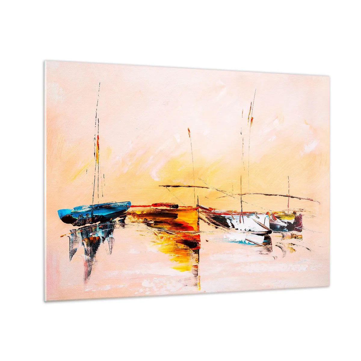 Üveg kép - Színes hajók kikötve egy impresszionista naplemente hátterében - 70x50cm - Egy este a kikötőben - Modern fali dekoráció nappalihoz és hálószobához ARTTOR