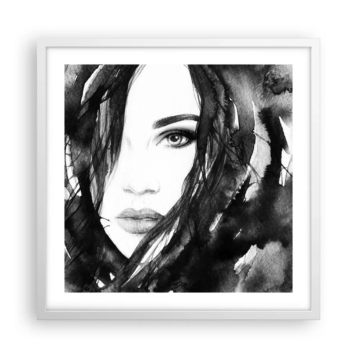 Poszter fekete keretben - Fekete-fehér hölgy portréja - 50x50 cm