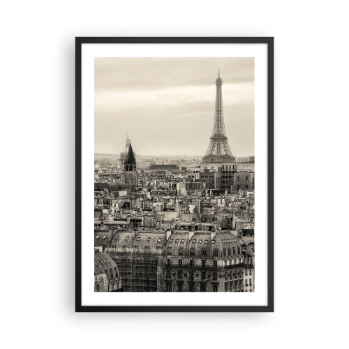 Poszter fehér keretben - Párizs panorámája az Eiffel-toronnyal szépia árnyalatokban - 50x70cm - Párizs háztetői fölött - Modern fali dekoráció nappalihoz és hálószobához ARTTOR