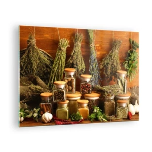 Üveg kép - Fűszerek és gyógynövények üvegekben, fából készült háttéren - 70x50cm - Konyhai varázslatok - Modern fali dekoráció nappalihoz és hálószobához ARTTOR