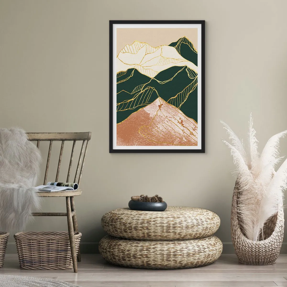 Poszter fehér keretben - Absztrakt arany vonalak hegyi tájat hoznak létre - 50x70cm - Arany csúcsok - Modern fali dekoráció nappalihoz és hálószobához ARTTOR