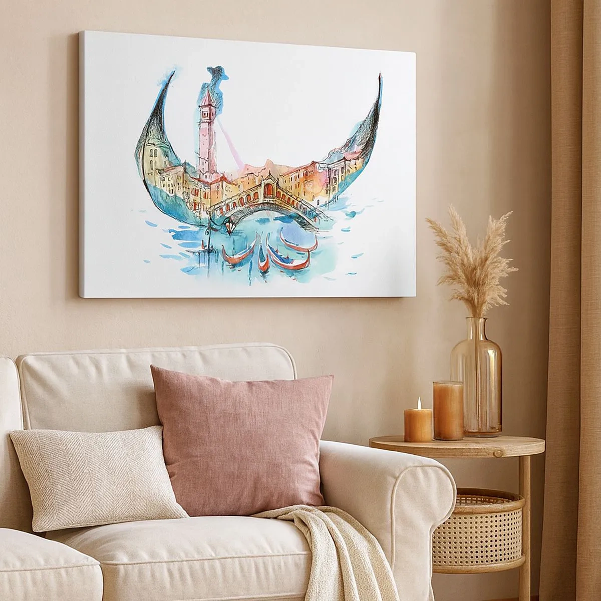 Vászonkép - Velence gondola alakú akvarell kompozíciója - 70x50cm - A városon keresztül hajózunk - Modern fali dekoráció nappalihoz és hálószobához ARTTOR