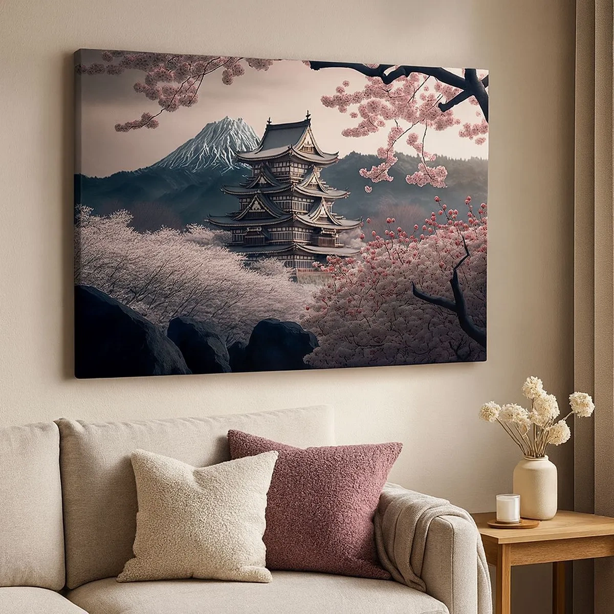 Vászonkép - Egy japán templom, cseresznyevirágokkal és hegyekkel körülvéve - 70x50cm - A cseresznyevirágzás országa - Modern fali dekoráció nappalihoz és hálószobához ARTTOR