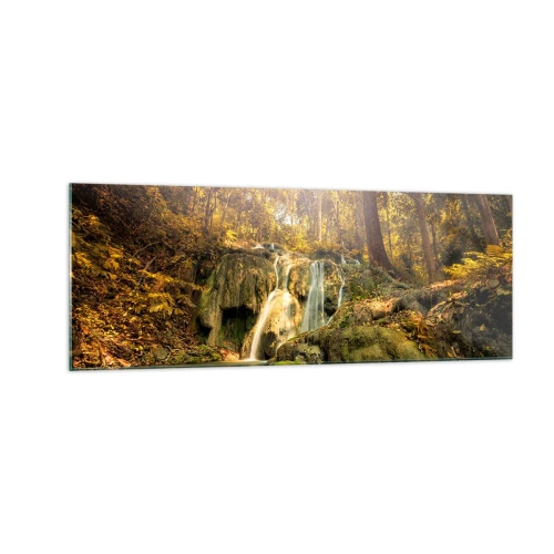 Üveg kép - Erdei vízesés a zöldben - 140x50 cm