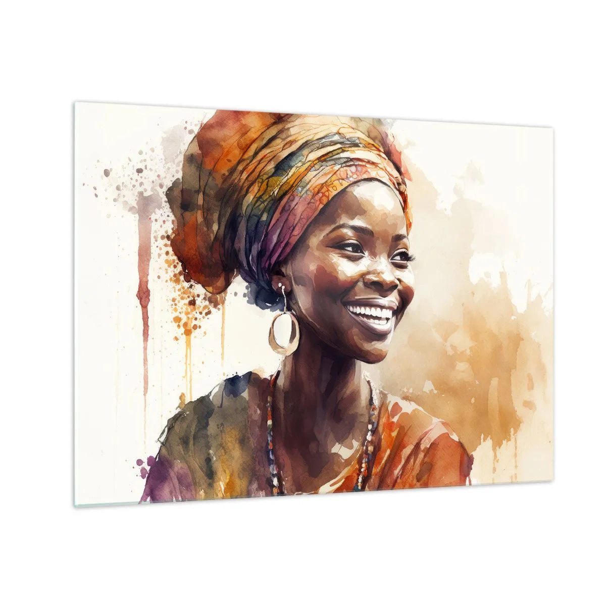 Üveg kép - Akvarell portré egy mosolygós turbános nőről - 70x50cm - Afrikai királynő - Modern fali dekoráció nappalihoz és hálószobához ARTTOR