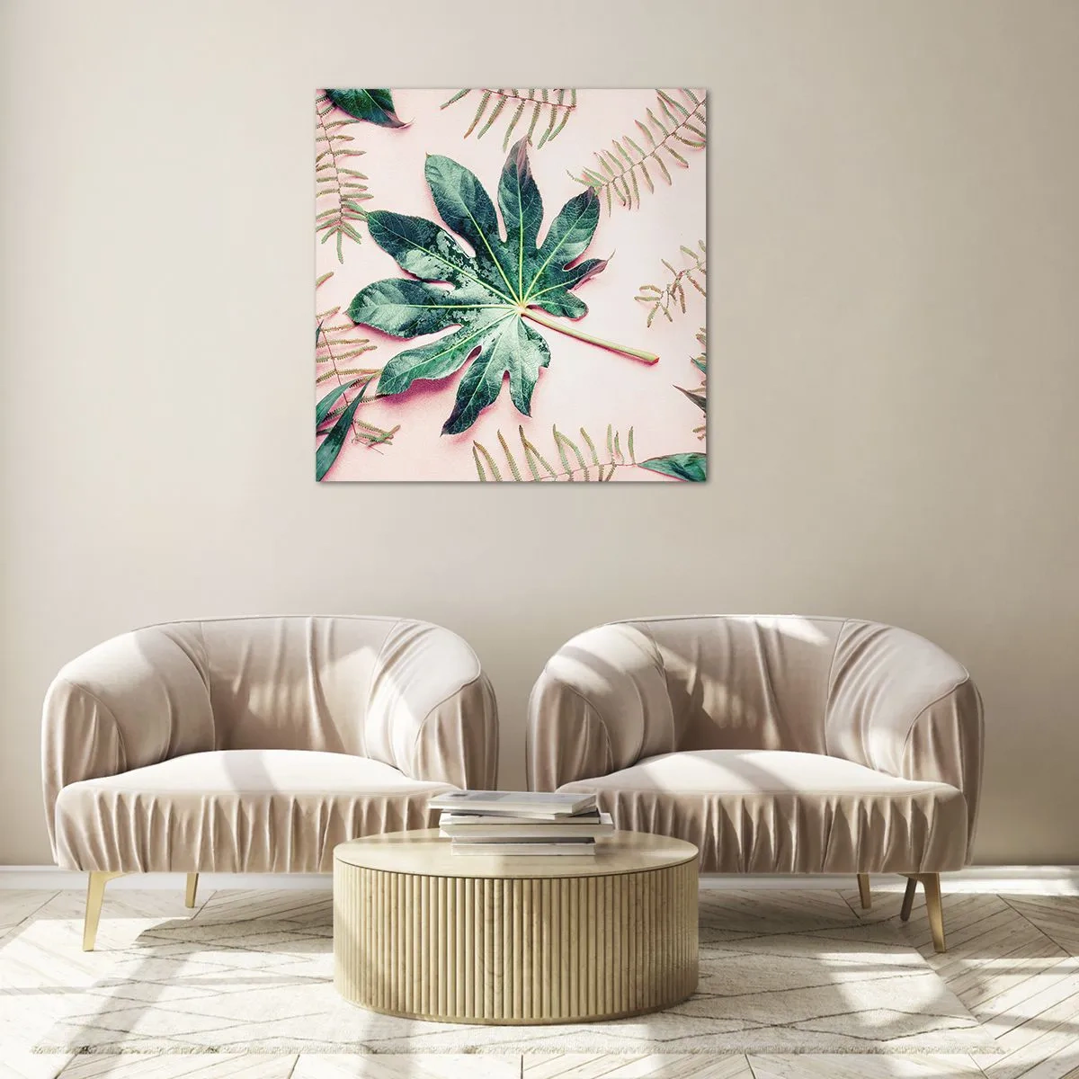 Üveg kép - A zöld tanulmánya a rózsaszín háttérben - 40x40 cm