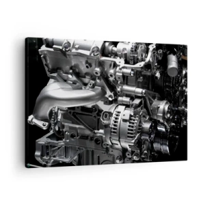 Vászonkép - Fém motoralkatrészek közeli képe fekete háttéren - 70x50cm - Acél, szép, erős - Modern fali dekoráció nappalihoz és hálószobához ARTTOR