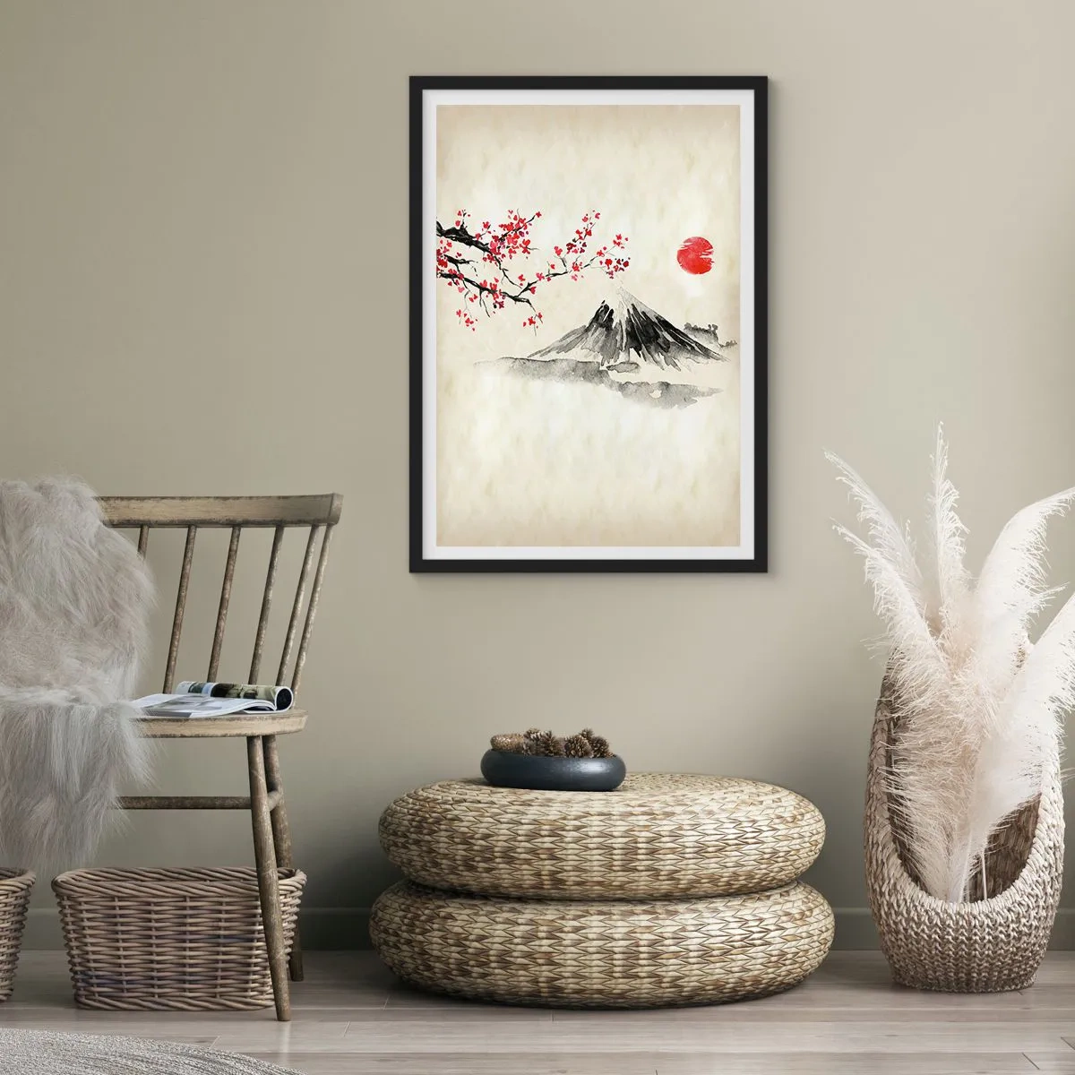 Poszter fehér keretben - Egy hegy virágzó cseresznyeággal és vörös nappal - 50x70cm - Szeresd Japánt - Modern fali dekoráció nappalihoz és hálószobához ARTTOR
